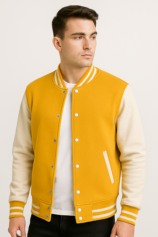 Mustard Yellow Varsity Jacket – Unisex | Premium Wool Blend | Custom Bulk Wear